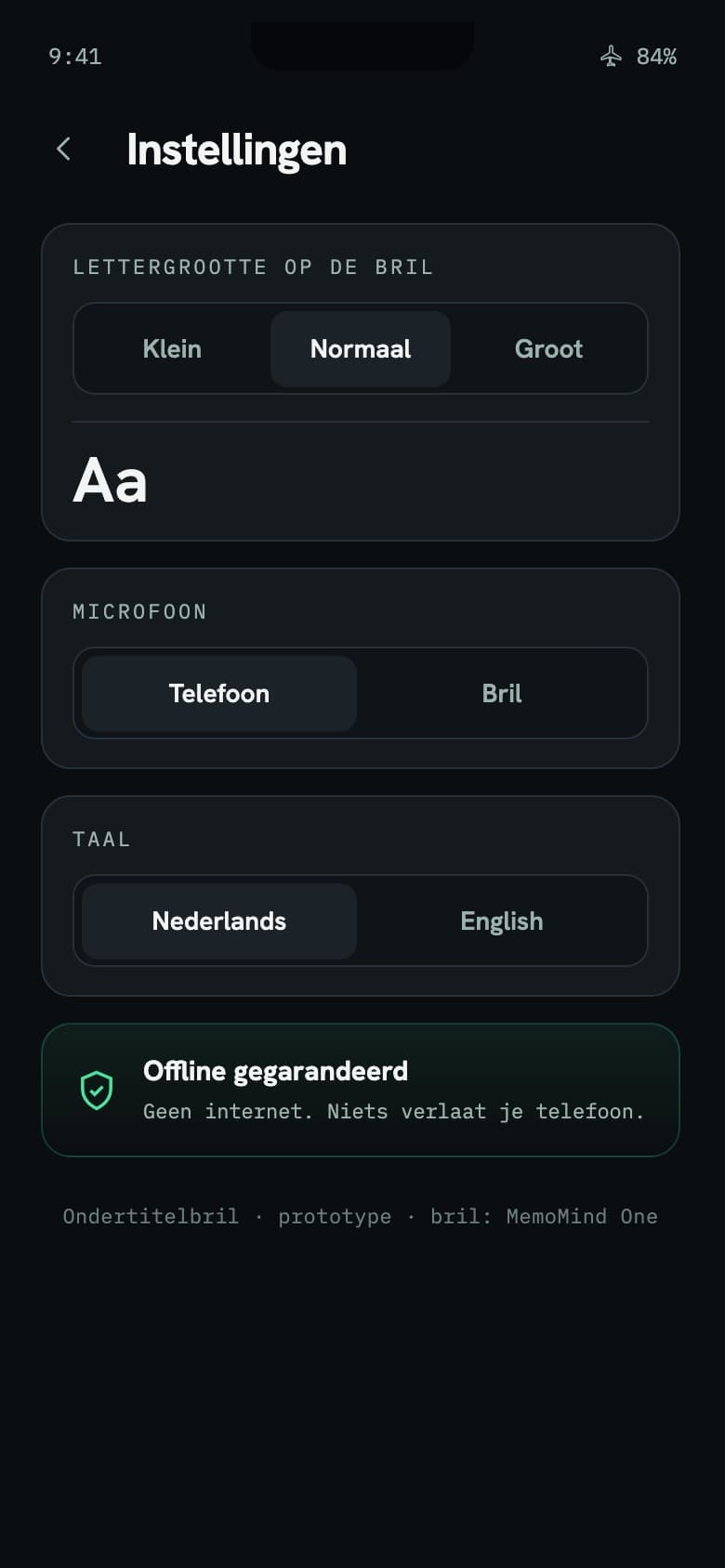 Settings for text size, microphone and language