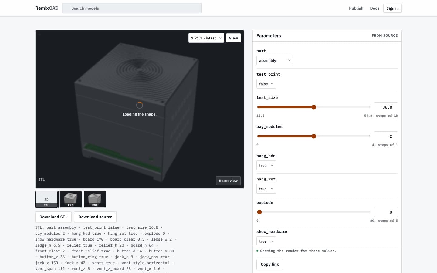 Model page with a 3D view and parameter controls